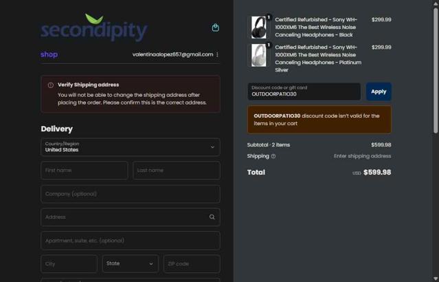 Secondipity checkout page showing Secondipity coupon code box | Screenshot taken by SimplyCodes community member on Sep 5, 2025