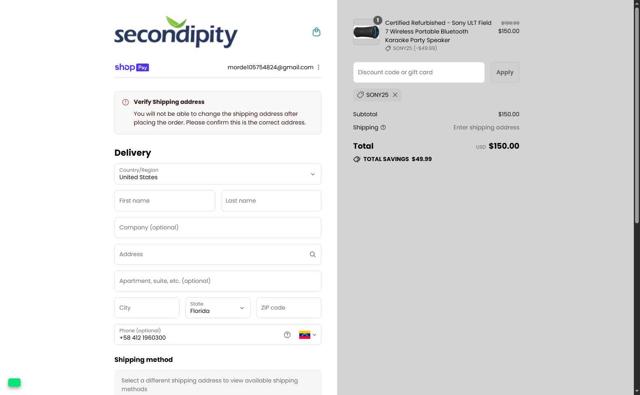 Secondipity checkout page showing Secondipity coupon code box | Screenshot taken by SimplyCodes community member on Jul 25, 2025