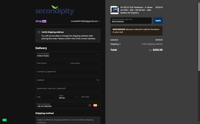Secondipity checkout page showing Secondipity coupon code box | Screenshot taken by SimplyCodes community member on Aug 24, 2025