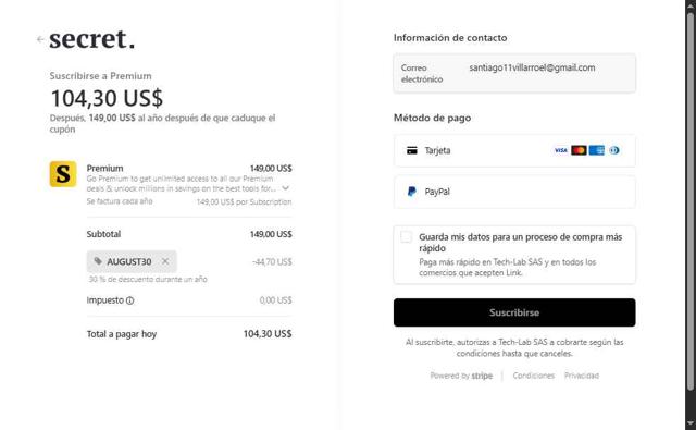 Secret checkout page showing Secret discount code box | Screenshot taken by SimplyCodes community member on Aug 15, 2025