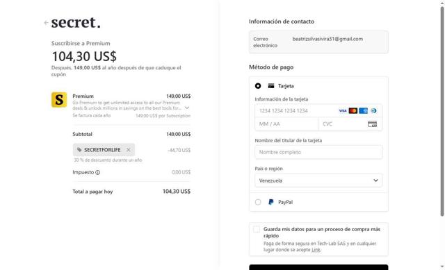 Secret checkout page showing Secret discount code box | Screenshot taken by SimplyCodes community member on Aug 27, 2025