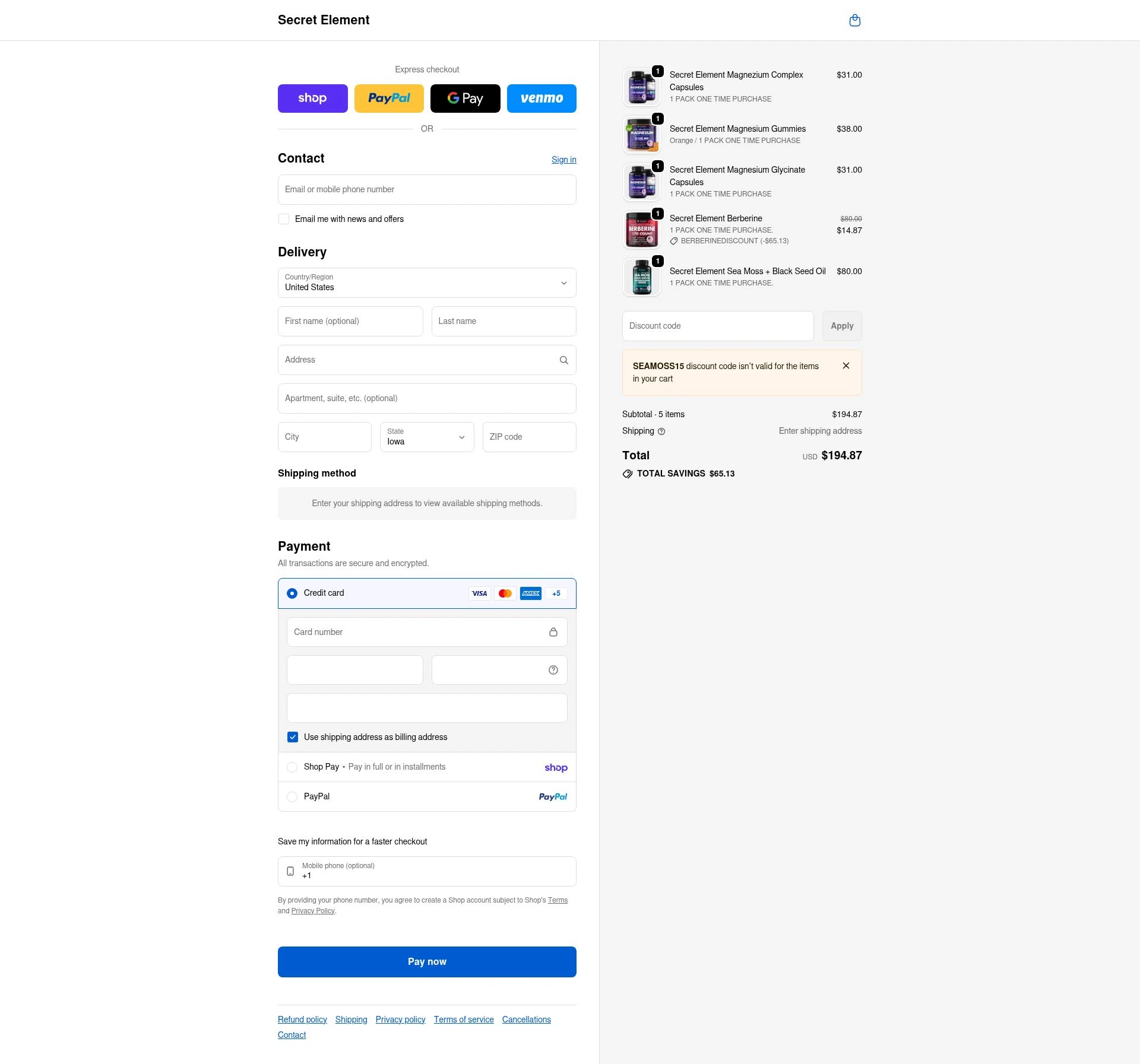 Secret Element checkout page showing Secret Element promo code box | Screenshot taken by SimplyCodes community member on Feb 6, 2026