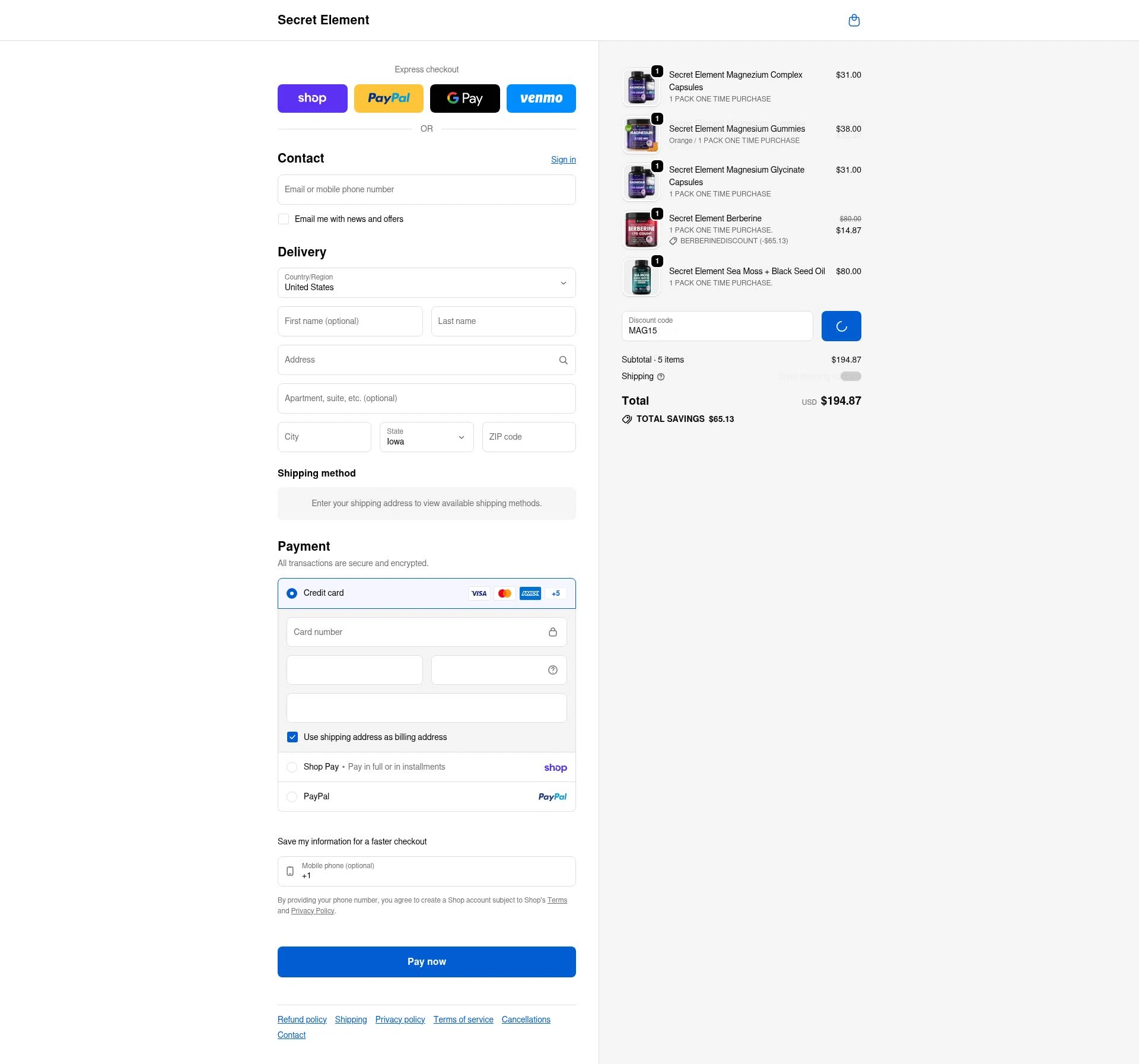 Secret Element checkout page showing Secret Element promo code box | Screenshot taken by SimplyCodes community member on Feb 6, 2026