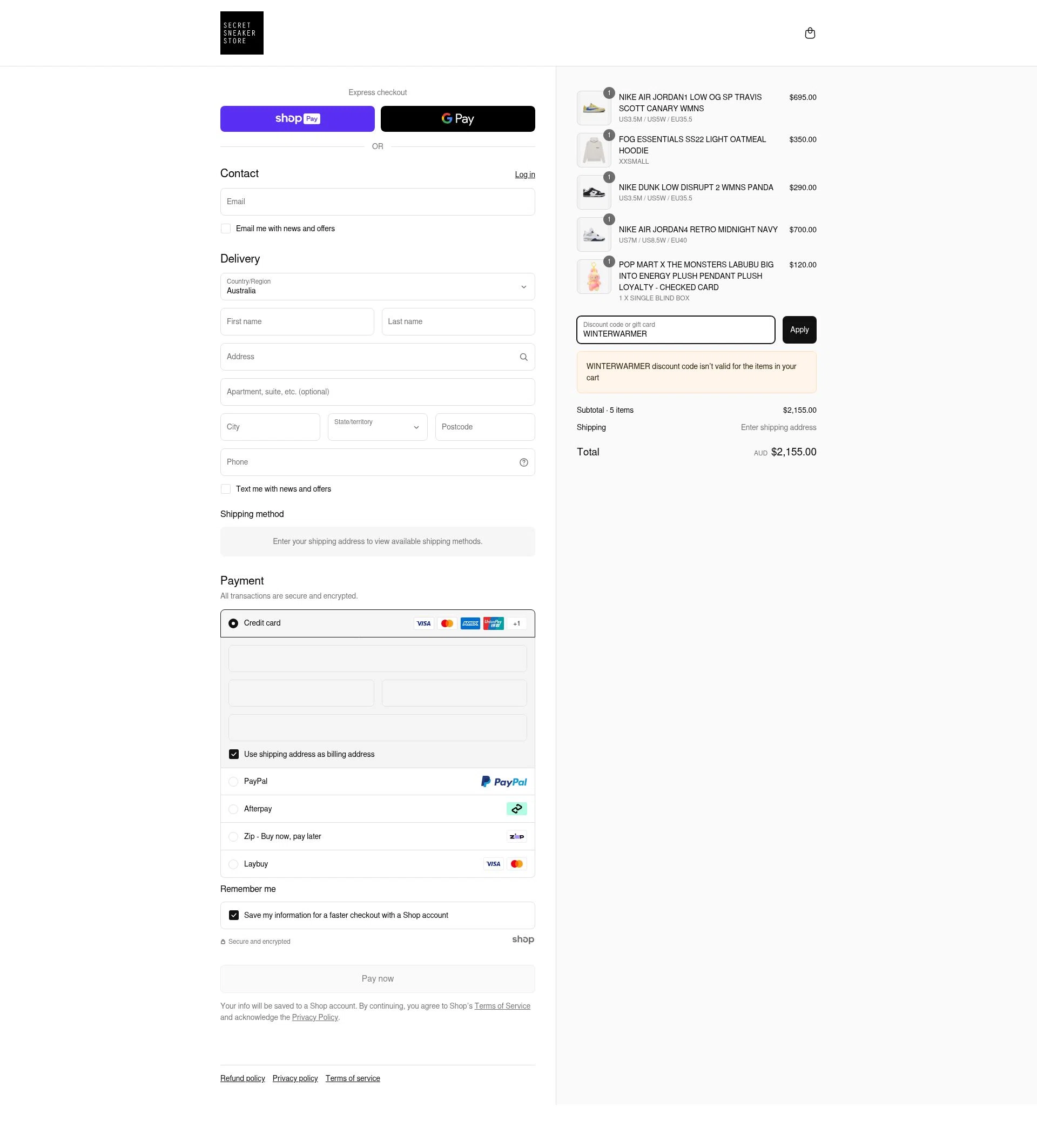 Secret Sneaker Store checkout page showing Secret Sneaker Store discount code box | Screenshot taken by SimplyCodes community member on Jun 17, 2025