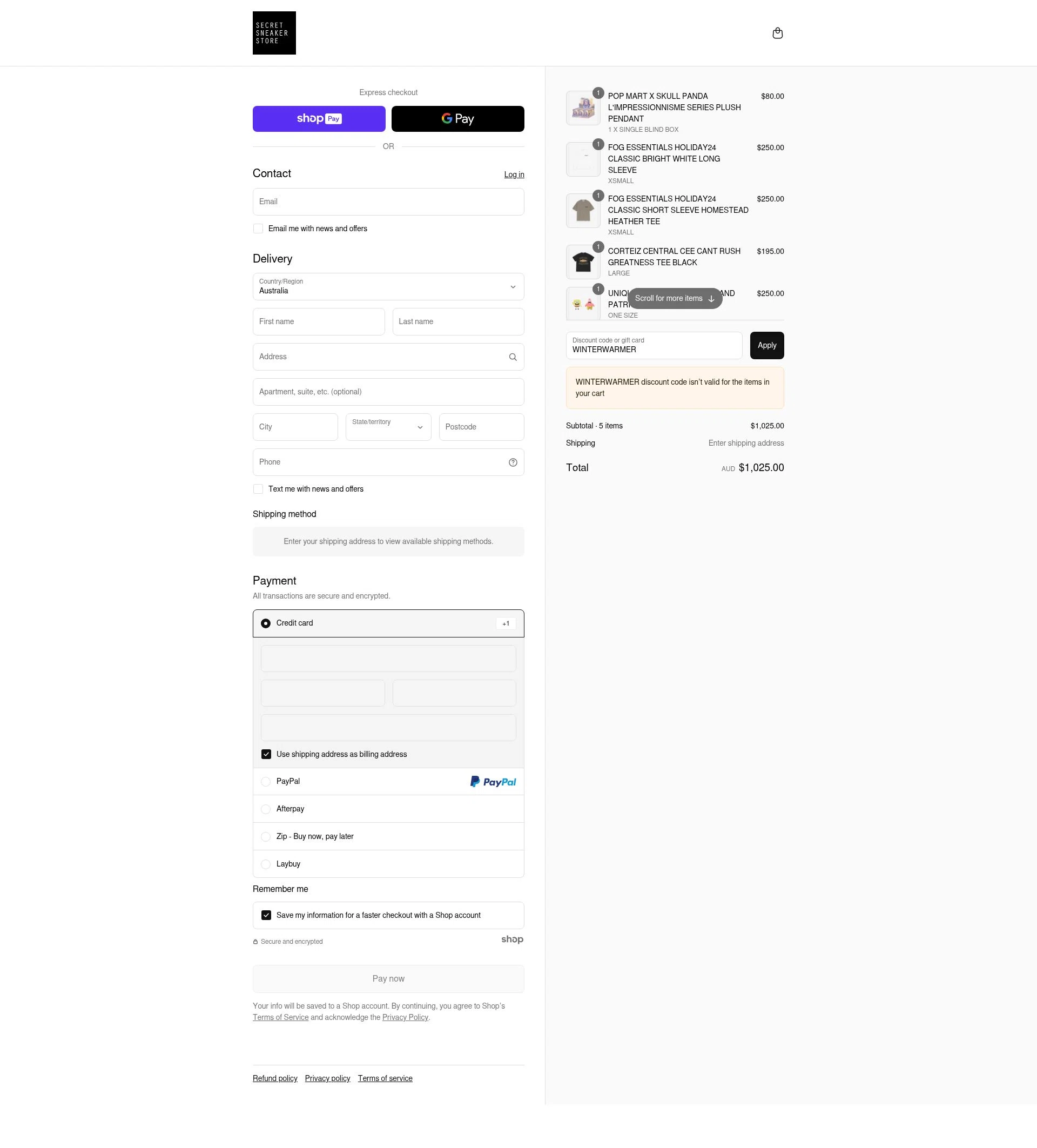 Secret Sneaker Store checkout page showing Secret Sneaker Store discount code box | Screenshot taken by SimplyCodes community member on Jun 29, 2025