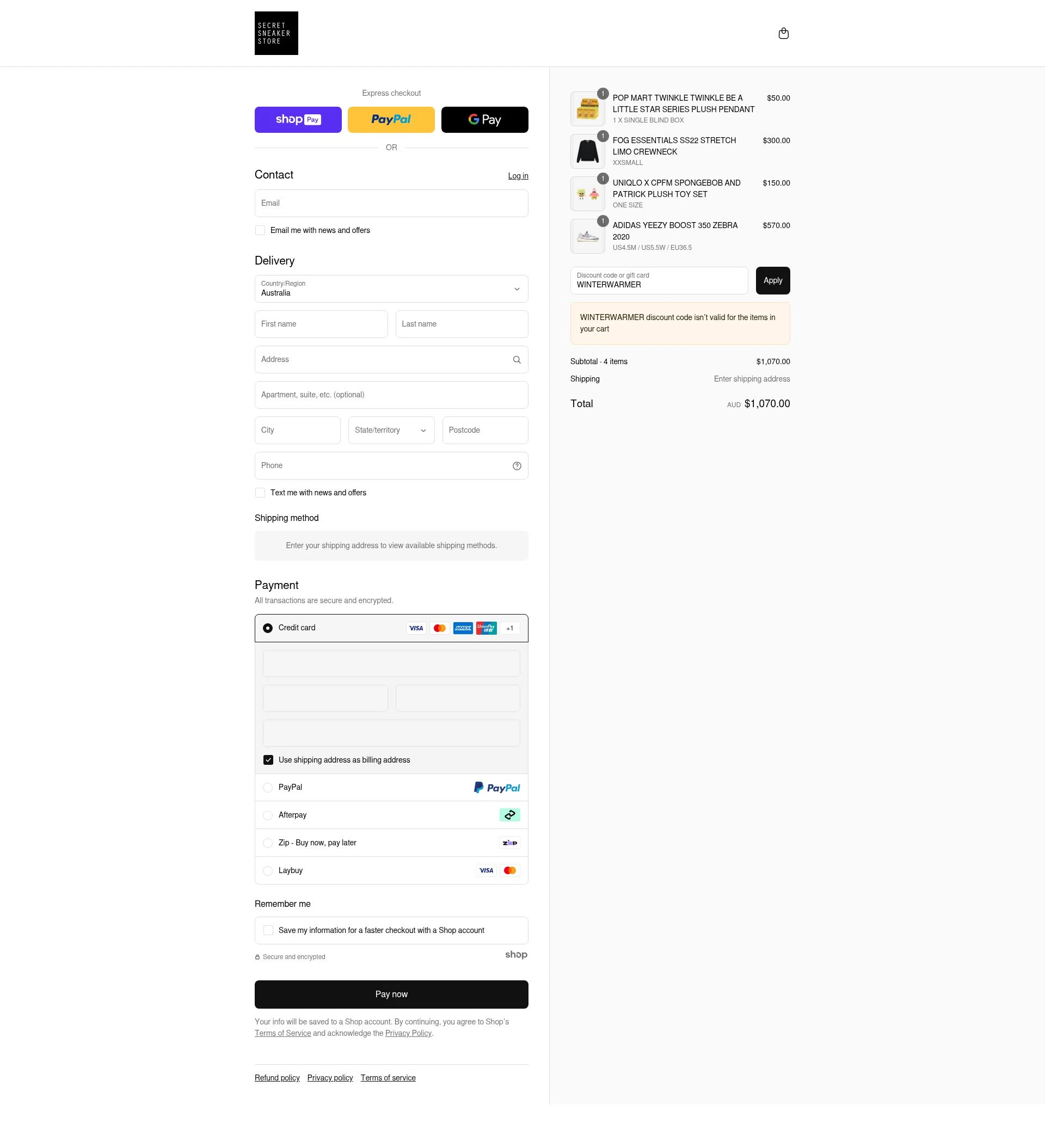 Secret Sneaker Store checkout page showing Secret Sneaker Store discount code box | Screenshot taken by SimplyCodes community member on Jul 26, 2025