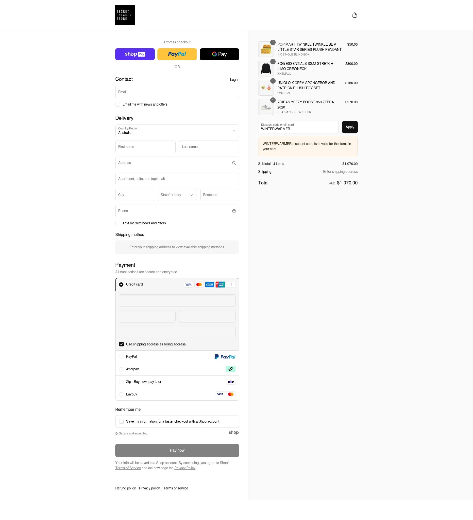 Secret Sneaker Store checkout page showing Secret Sneaker Store discount code box | Screenshot taken by SimplyCodes community member on Jul 30, 2025