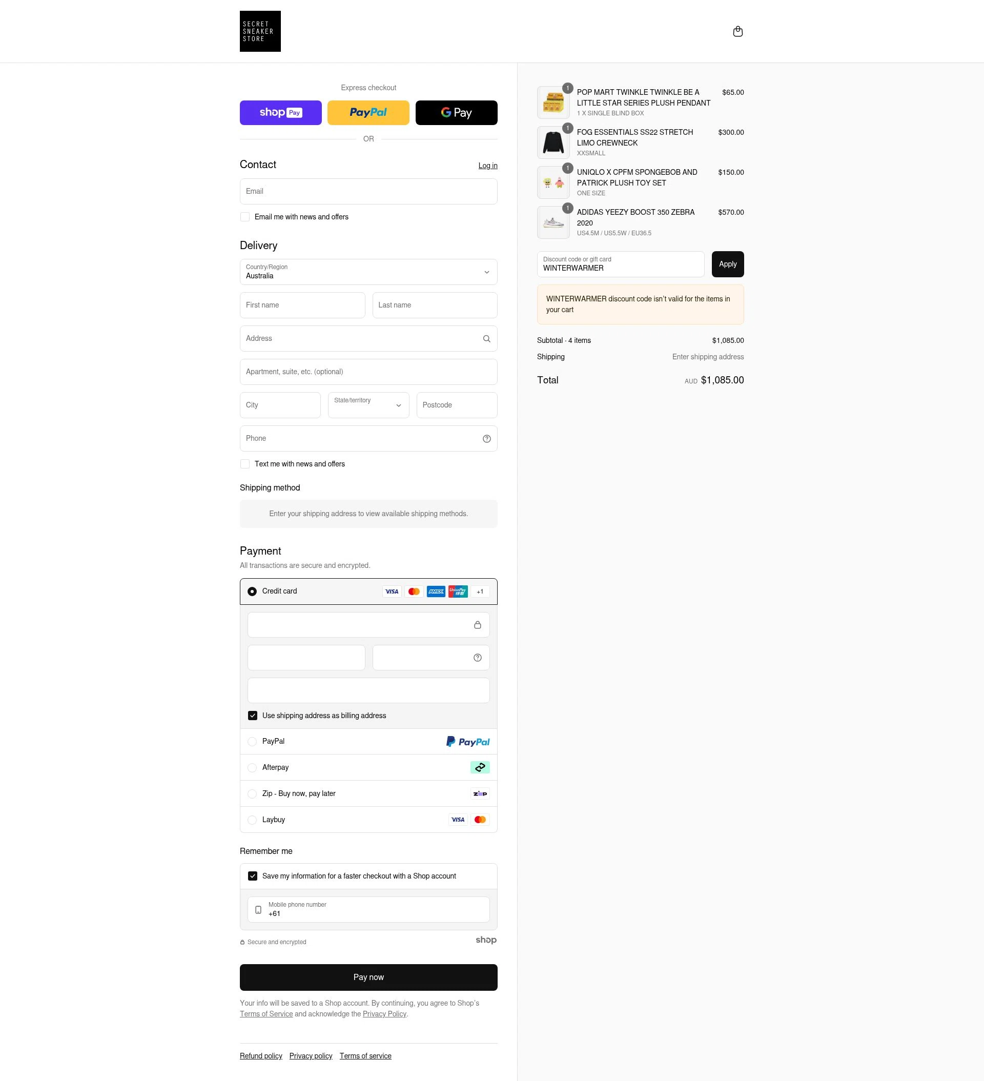 Secret Sneaker Store checkout page showing Secret Sneaker Store discount code box | Screenshot taken by SimplyCodes community member on Jul 22, 2025
