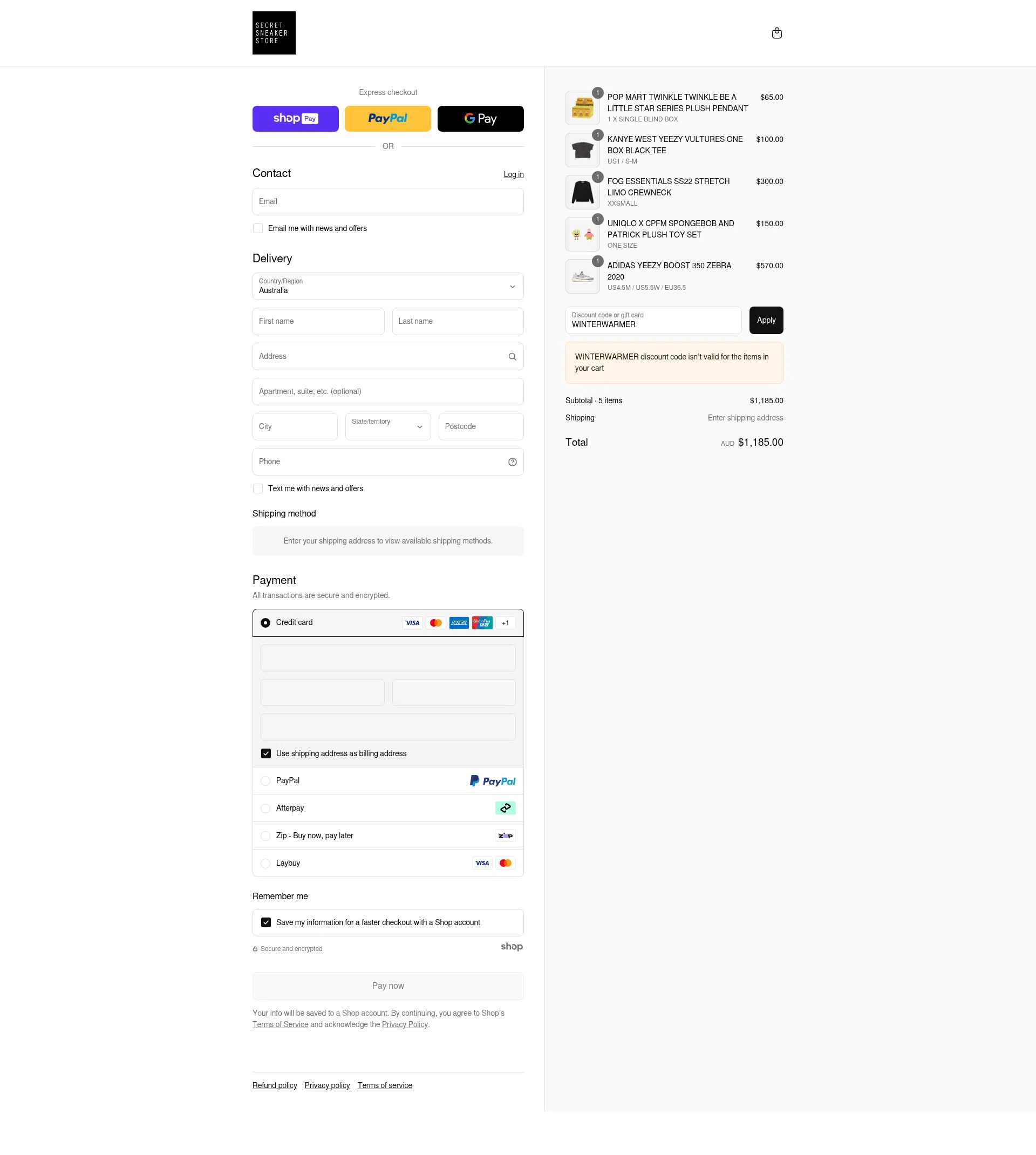 Secret Sneaker Store checkout page showing Secret Sneaker Store discount code box | Screenshot taken by SimplyCodes community member on Jul 12, 2025