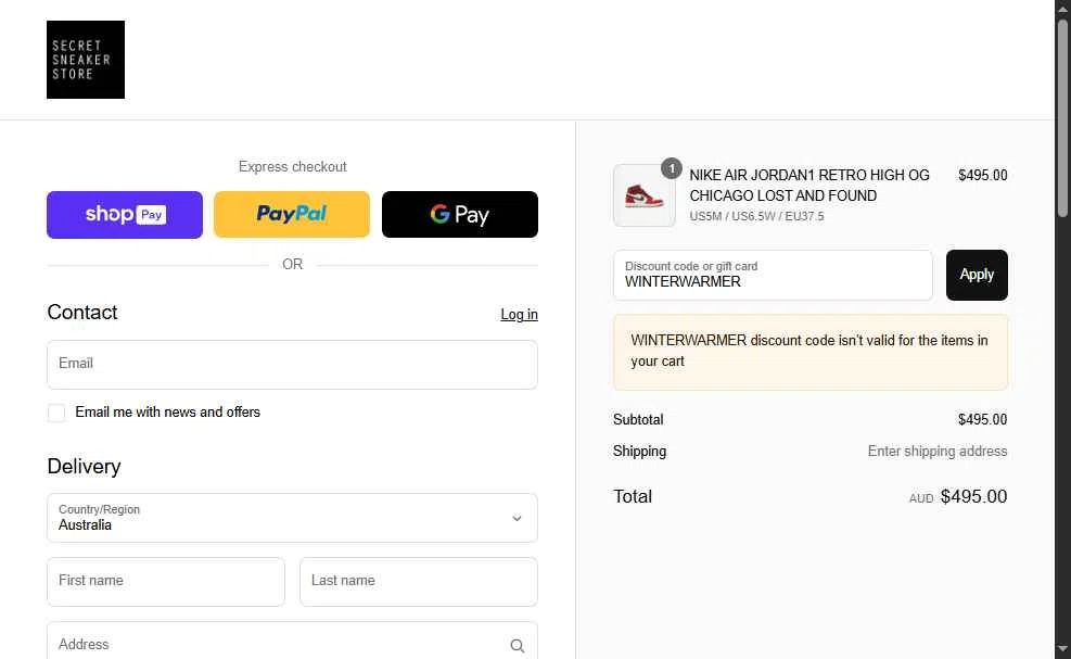Secret Sneaker Store checkout page showing Secret Sneaker Store discount code box | Screenshot taken by SimplyCodes community member on Jul 16, 2025