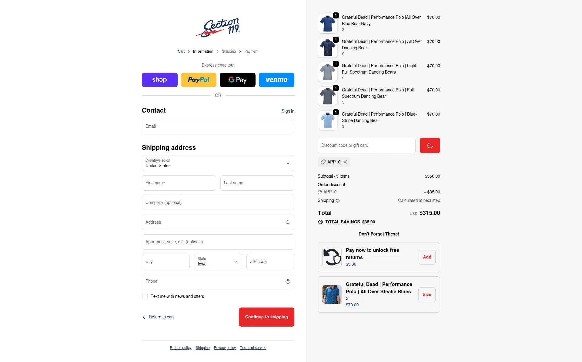 Section 119 checkout page showing Section 119 discount code box | Screenshot taken by SimplyCodes community member on Feb 18, 2026