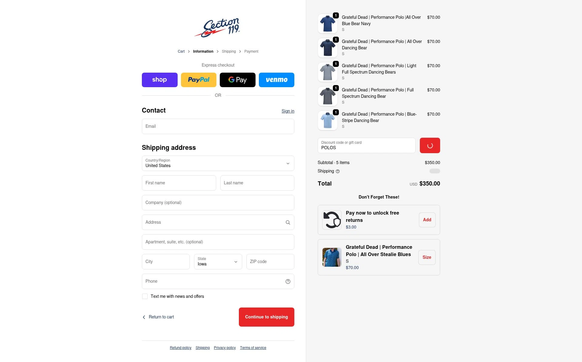 Section 119 checkout page showing Section 119 discount code box | Screenshot taken by SimplyCodes community member on Feb 18, 2026