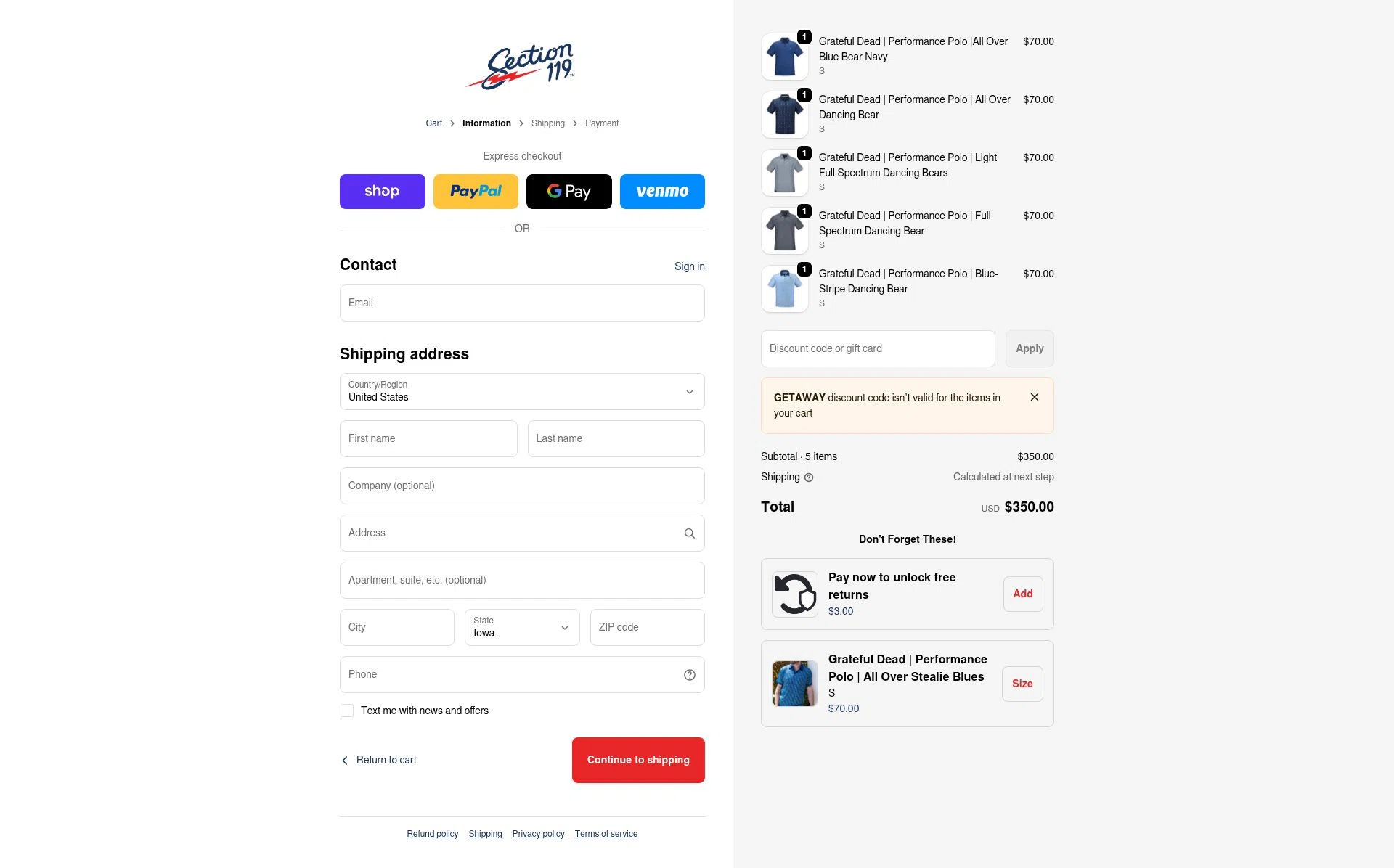 Section 119 checkout page showing Section 119 discount code box | Screenshot taken by SimplyCodes community member on Feb 18, 2026
