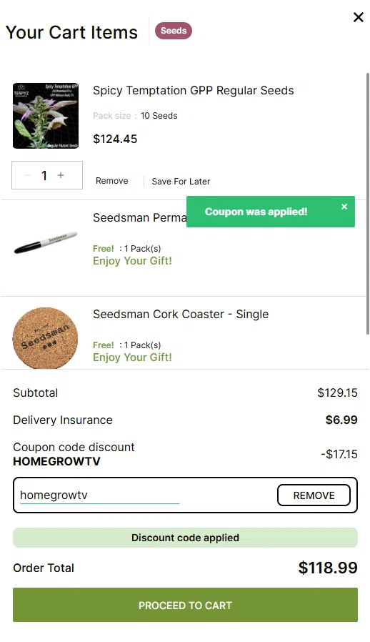Seedsman promo code screenshot showing code HOMEGROWTV applied at Seedsman checkout page. Uploaded by SimplyCodes community member User10996784500 on Feb 26, 2026
