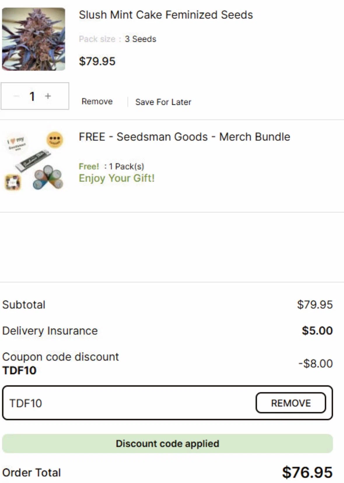 Seedsman promo code screenshot showing code TDF10 applied at Seedsman checkout page. Uploaded by SimplyCodes community member SwiftEagle3685 on Feb 10, 2026