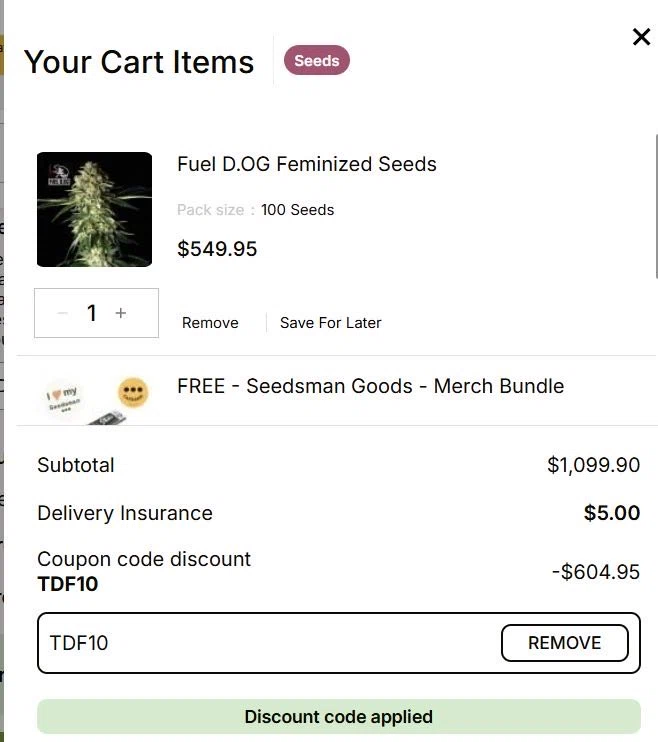 Seedsman promo code screenshot showing code TDF10 applied at Seedsman checkout page. Uploaded by SimplyCodes community member SmartMaestro6327 on Dec 22, 2025