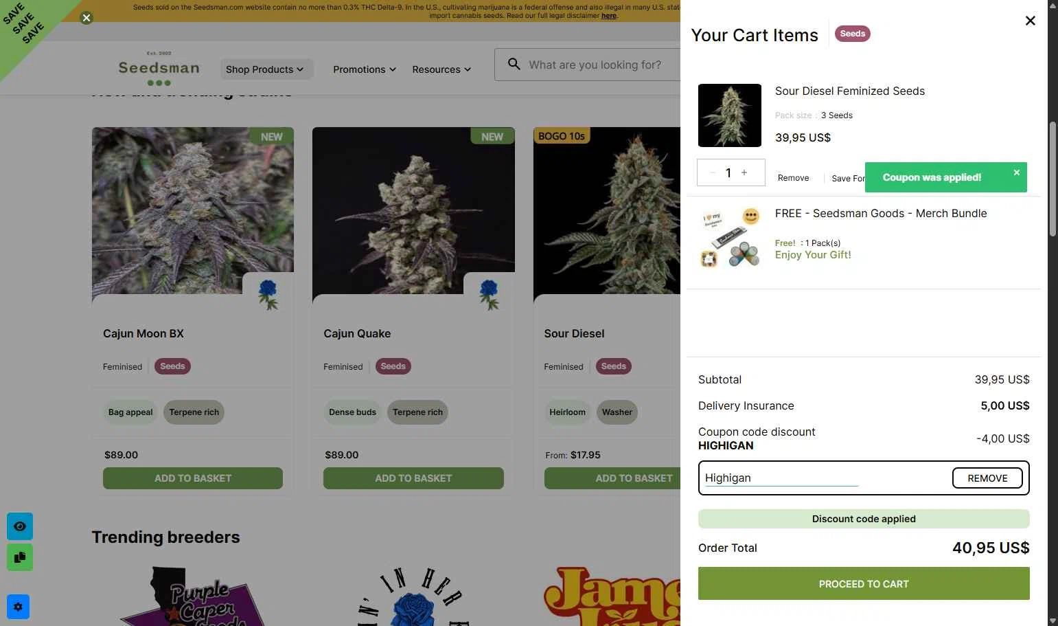 Seedsman checkout page showing Seedsman promo code box | Screenshot taken by SimplyCodes community member on Jan 20, 2026