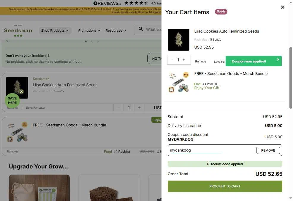 Seedsman checkout page showing Seedsman promo code box | Screenshot taken by SimplyCodes community member on Feb 11, 2026