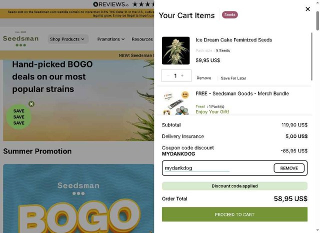 Seedsman checkout page showing Seedsman promo code box | Screenshot taken by SimplyCodes community member on Aug 20, 2025