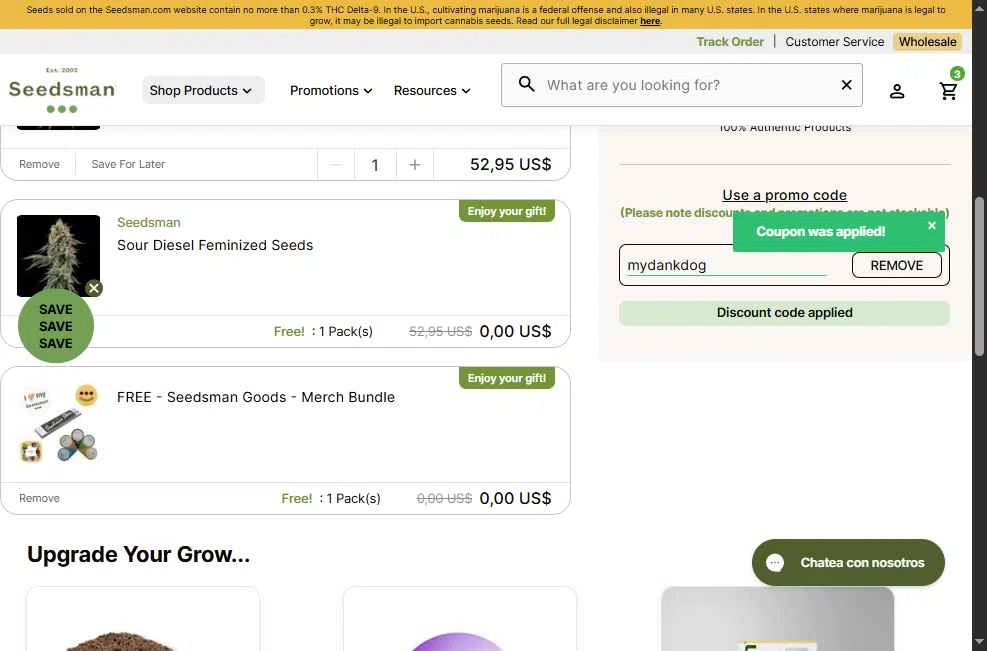 Seedsman checkout page showing Seedsman promo code box | Screenshot taken by SimplyCodes community member on Dec 22, 2025