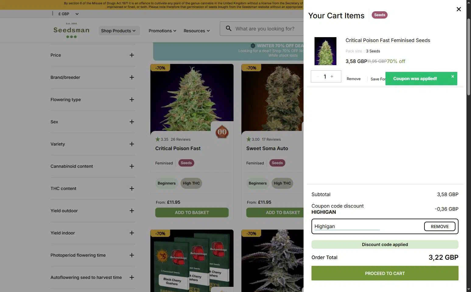 Seedsman checkout page showing Seedsman promo code box | Screenshot taken by SimplyCodes community member on Jan 20, 2026