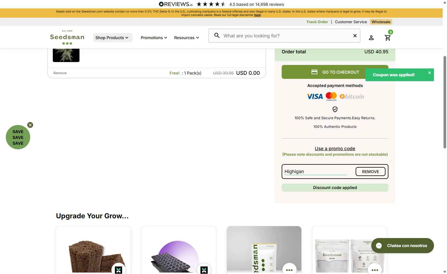 Seedsman checkout page showing Seedsman promo code box | Screenshot taken by SimplyCodes community member on Dec 22, 2025