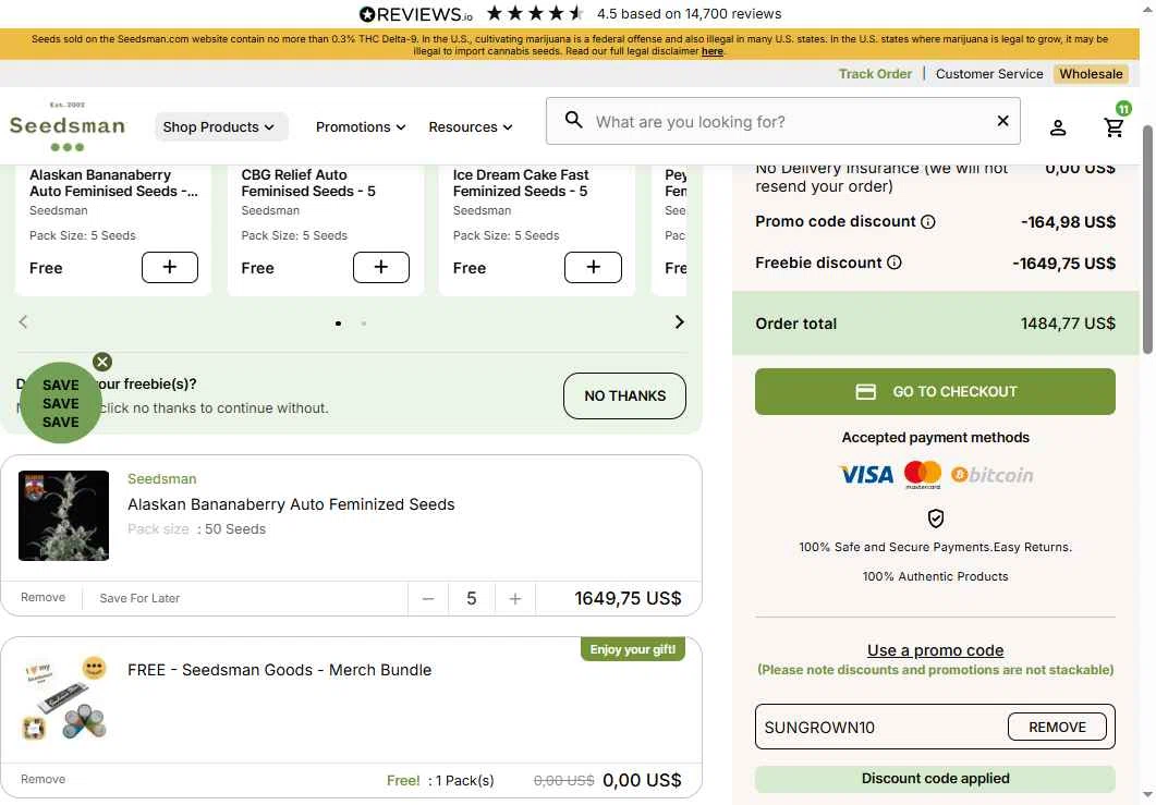 Seedsman checkout page showing Seedsman promo code box | Screenshot taken by SimplyCodes community member on Dec 23, 2025