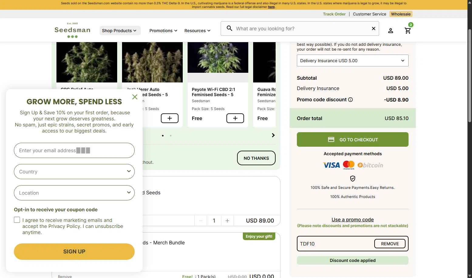 Seedsman checkout page showing Seedsman promo code box | Screenshot taken by SimplyCodes community member on Jan 15, 2026