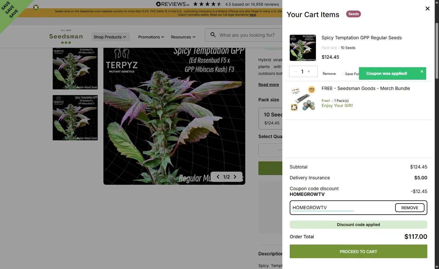 Seedsman checkout page showing Seedsman promo code box | Screenshot taken by SimplyCodes community member on Jan 20, 2026