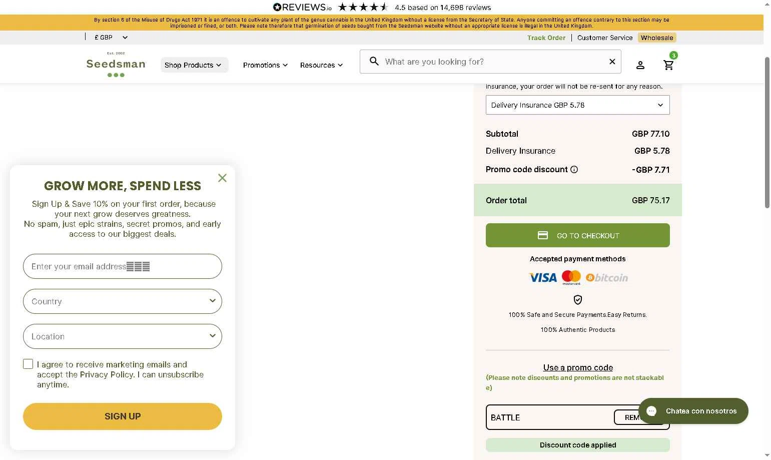 Seedsman checkout page showing Seedsman promo code box | Screenshot taken by SimplyCodes community member on Dec 22, 2025