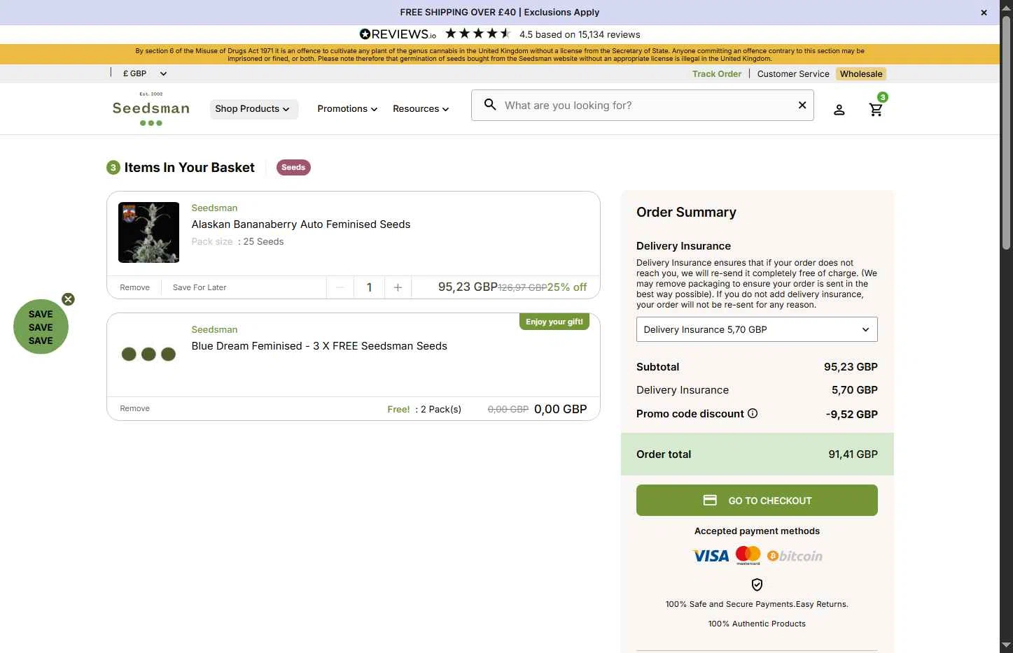 Seedsman checkout page showing Seedsman promo code box | Screenshot taken by SimplyCodes community member on Feb 4, 2026