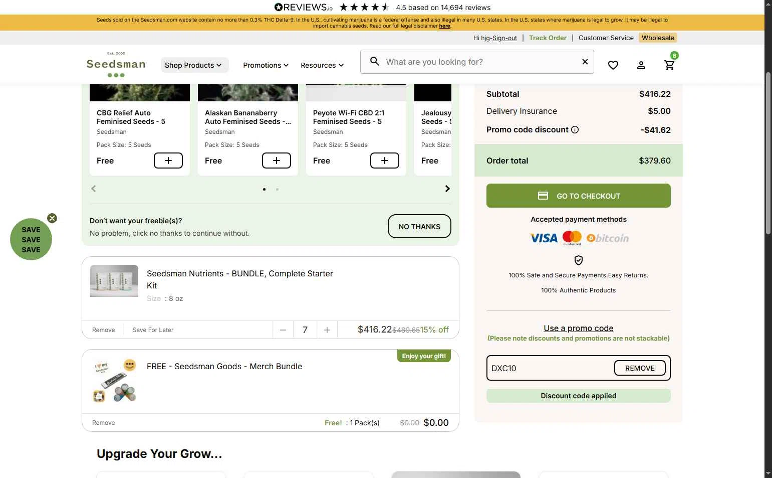 Seedsman checkout page showing Seedsman promo code box | Screenshot taken by SimplyCodes community member on Dec 21, 2025