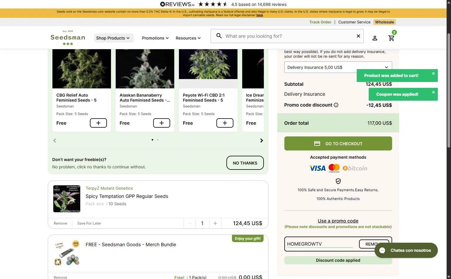 Seedsman checkout page showing Seedsman promo code box | Screenshot taken by SimplyCodes community member on Dec 22, 2025