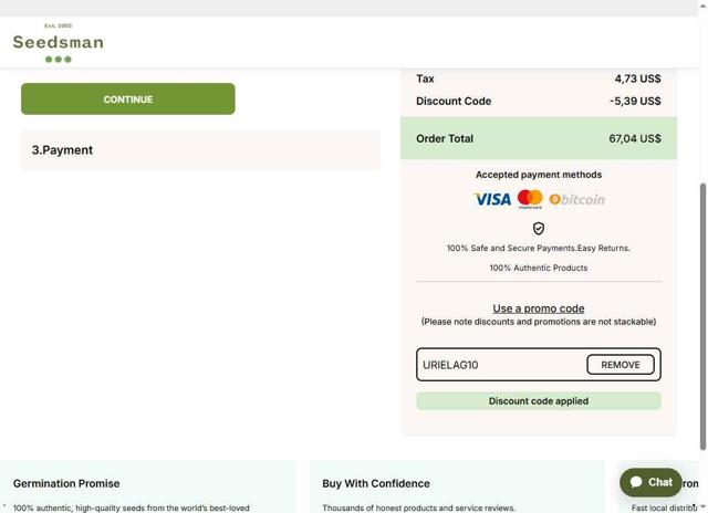 Seedsman checkout page showing Seedsman promo code box | Screenshot taken by SimplyCodes community member on Sep 12, 2025