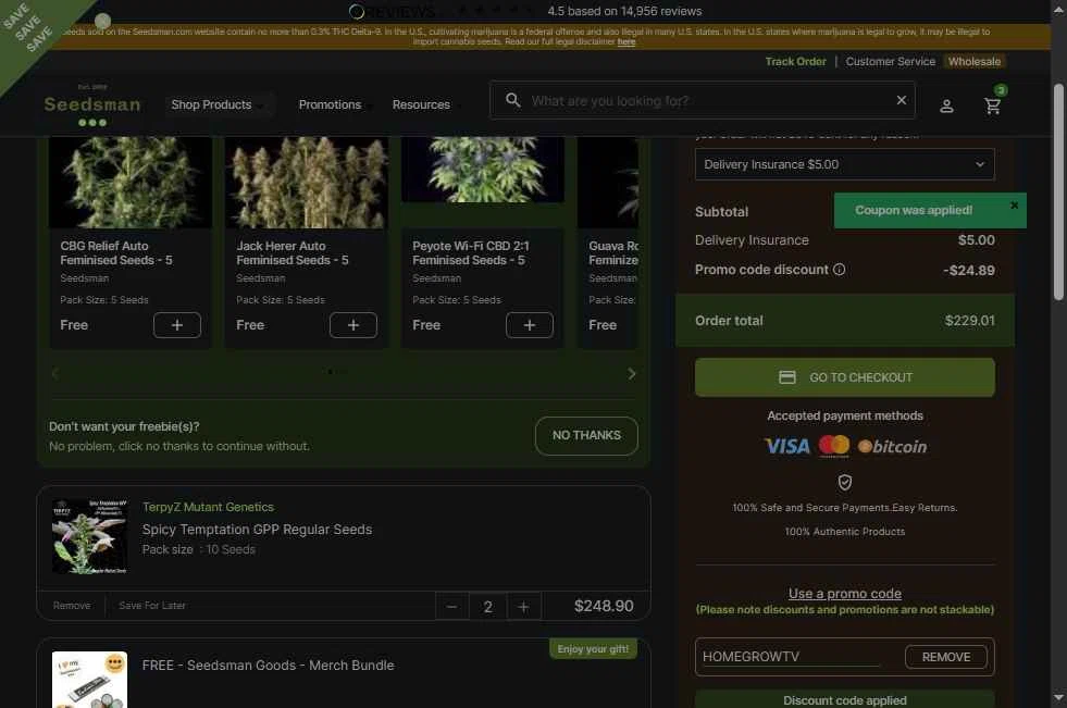 Seedsman checkout page showing Seedsman promo code box | Screenshot taken by SimplyCodes community member on Jan 20, 2026