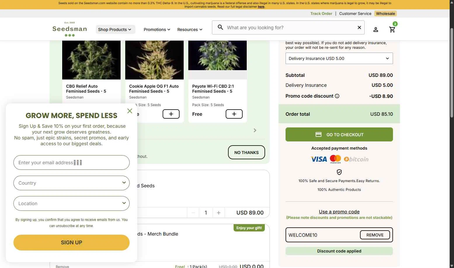 Seedsman checkout page showing Seedsman promo code box | Screenshot taken by SimplyCodes community member on Feb 4, 2026