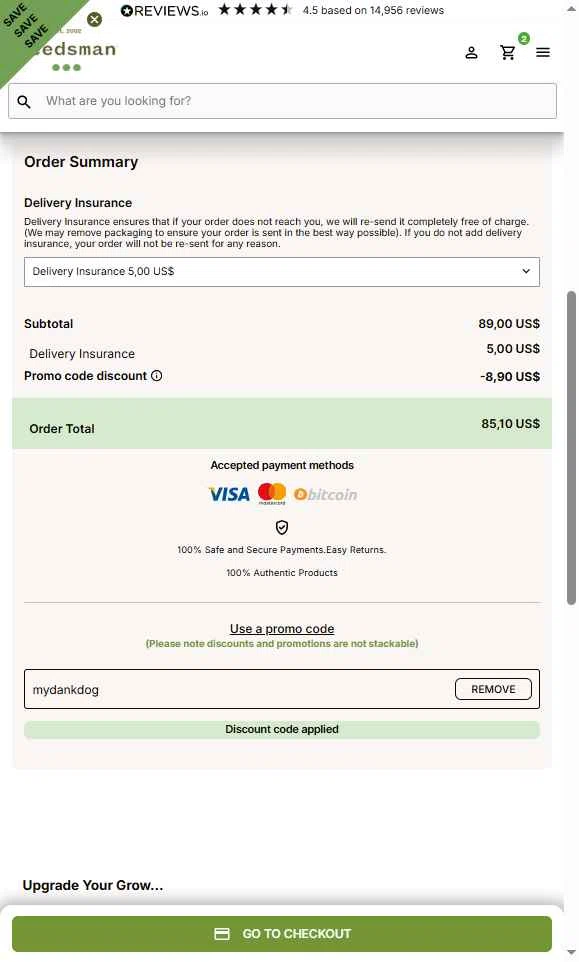 Seedsman checkout page showing Seedsman promo code box | Screenshot taken by SimplyCodes community member on Jan 20, 2026