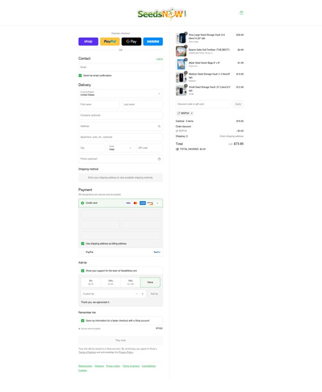 SeedsNow checkout page showing SeedsNow coupon code box | Screenshot taken by SimplyCodes community member on Sep 6, 2025