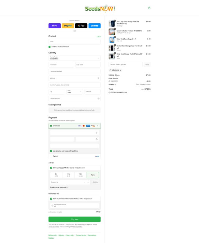 SeedsNow checkout page showing SeedsNow coupon code box | Screenshot taken by SimplyCodes community member on Sep 6, 2025