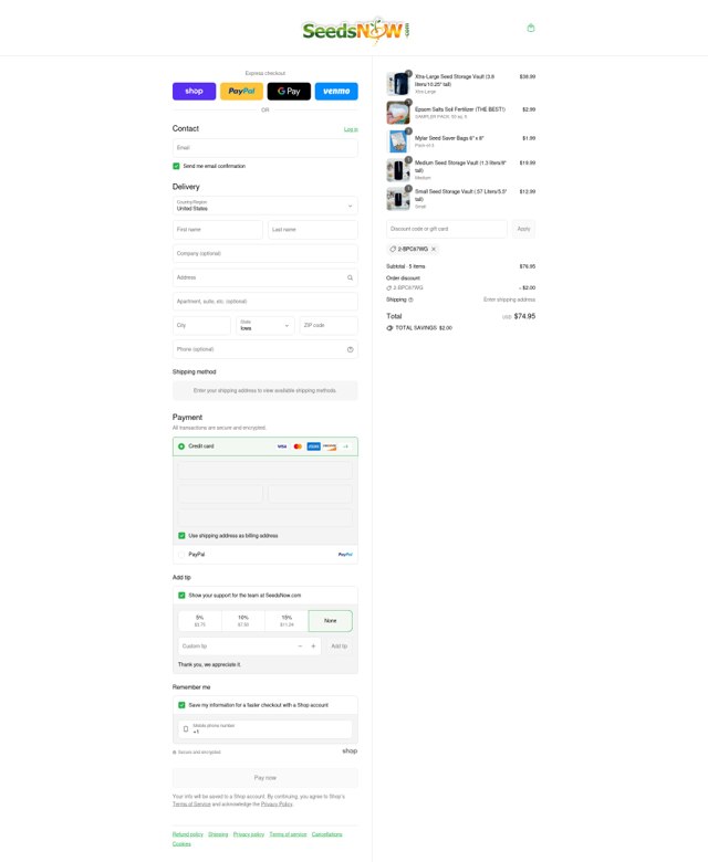 SeedsNow checkout page showing SeedsNow coupon code box | Screenshot taken by SimplyCodes community member on Sep 6, 2025