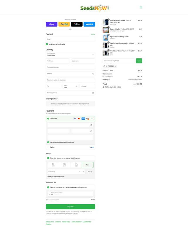 SeedsNow checkout page showing SeedsNow coupon code box | Screenshot taken by SimplyCodes community member on Sep 6, 2025