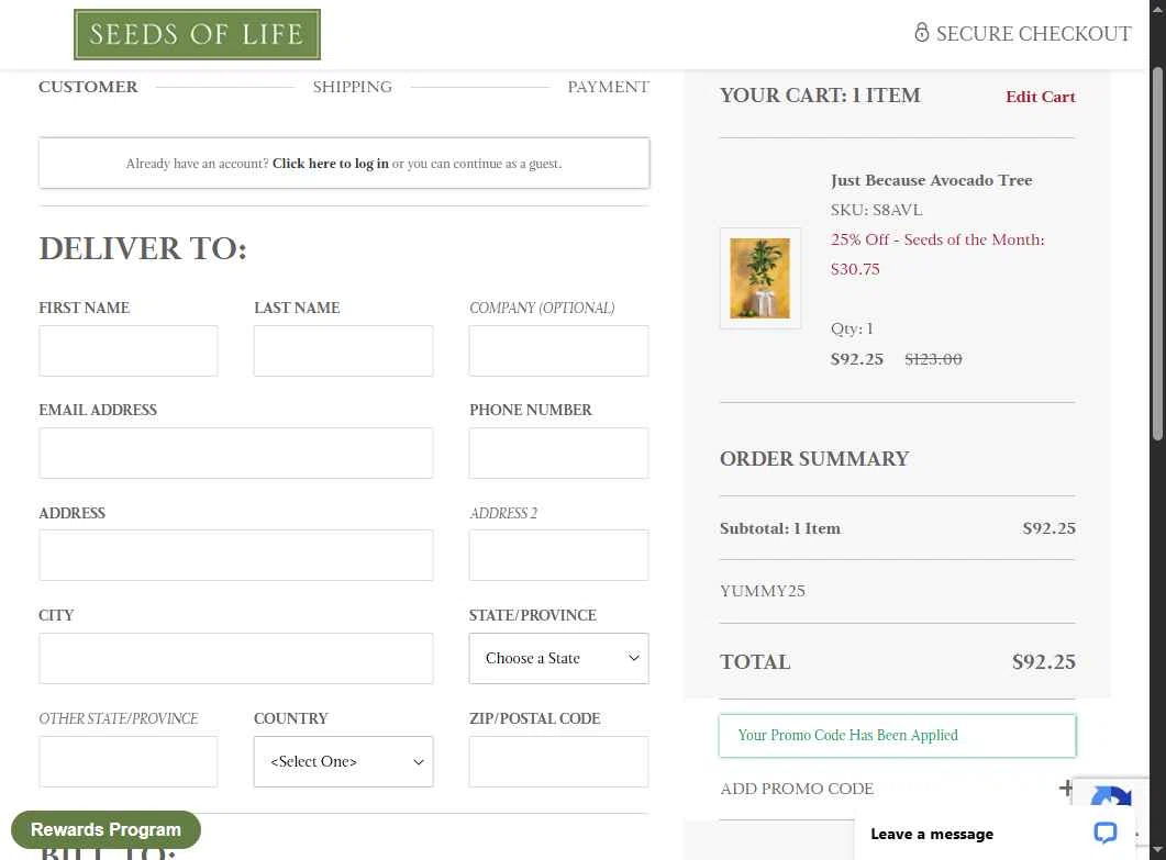 Seeds of Life checkout page showing Seeds of Life promo code box | Screenshot taken by SimplyCodes community member on Sep 23, 2025