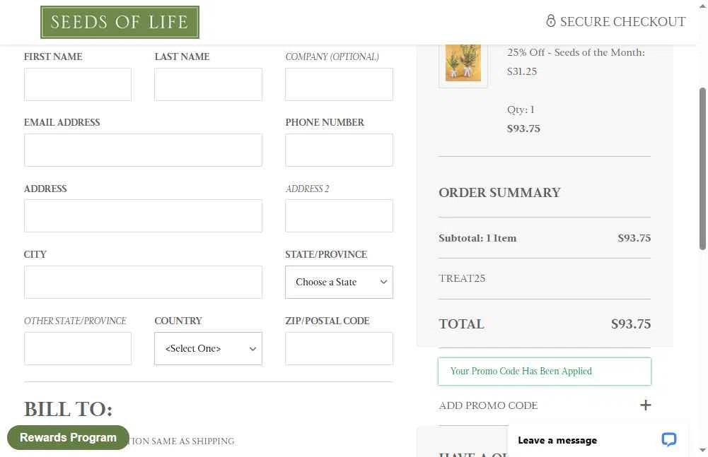 Seeds of Life checkout page showing Seeds of Life promo code box | Screenshot taken by SimplyCodes community member on Oct 7, 2025