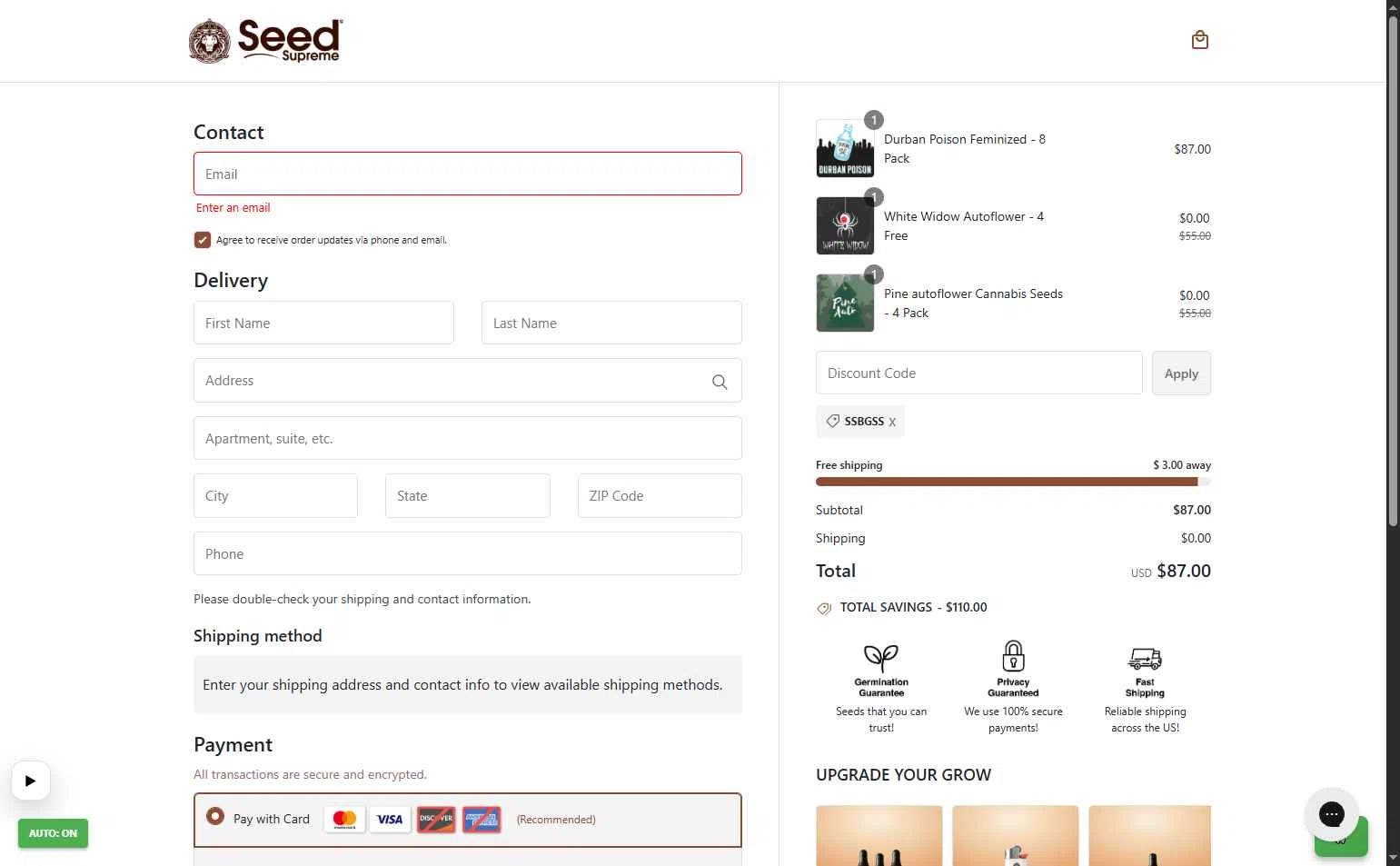 SeedSupreme checkout page showing SeedSupreme discount code box | Screenshot taken by SimplyCodes community member on Feb 9, 2026