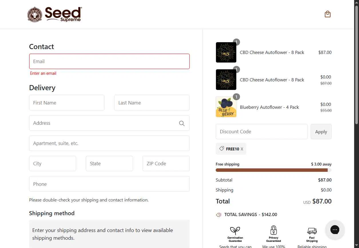 SeedSupreme checkout page showing SeedSupreme discount code box | Screenshot taken by SimplyCodes community member on Dec 18, 2025