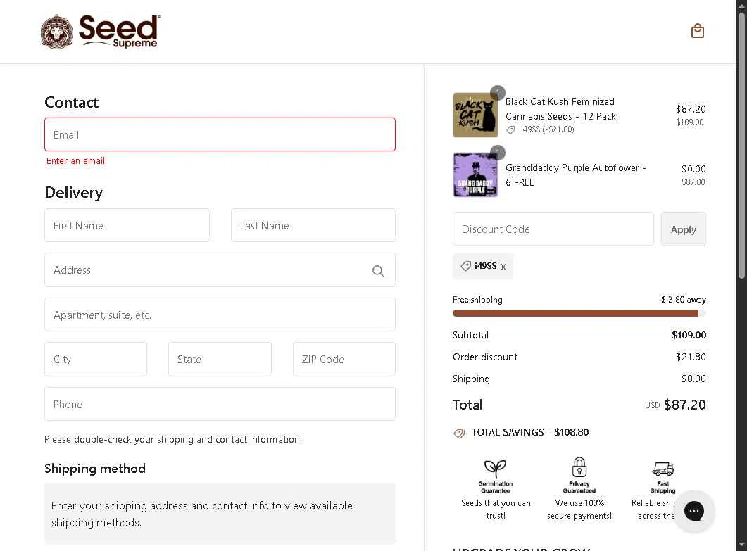 SeedSupreme checkout page showing SeedSupreme discount code box | Screenshot taken by SimplyCodes community member on Dec 18, 2025