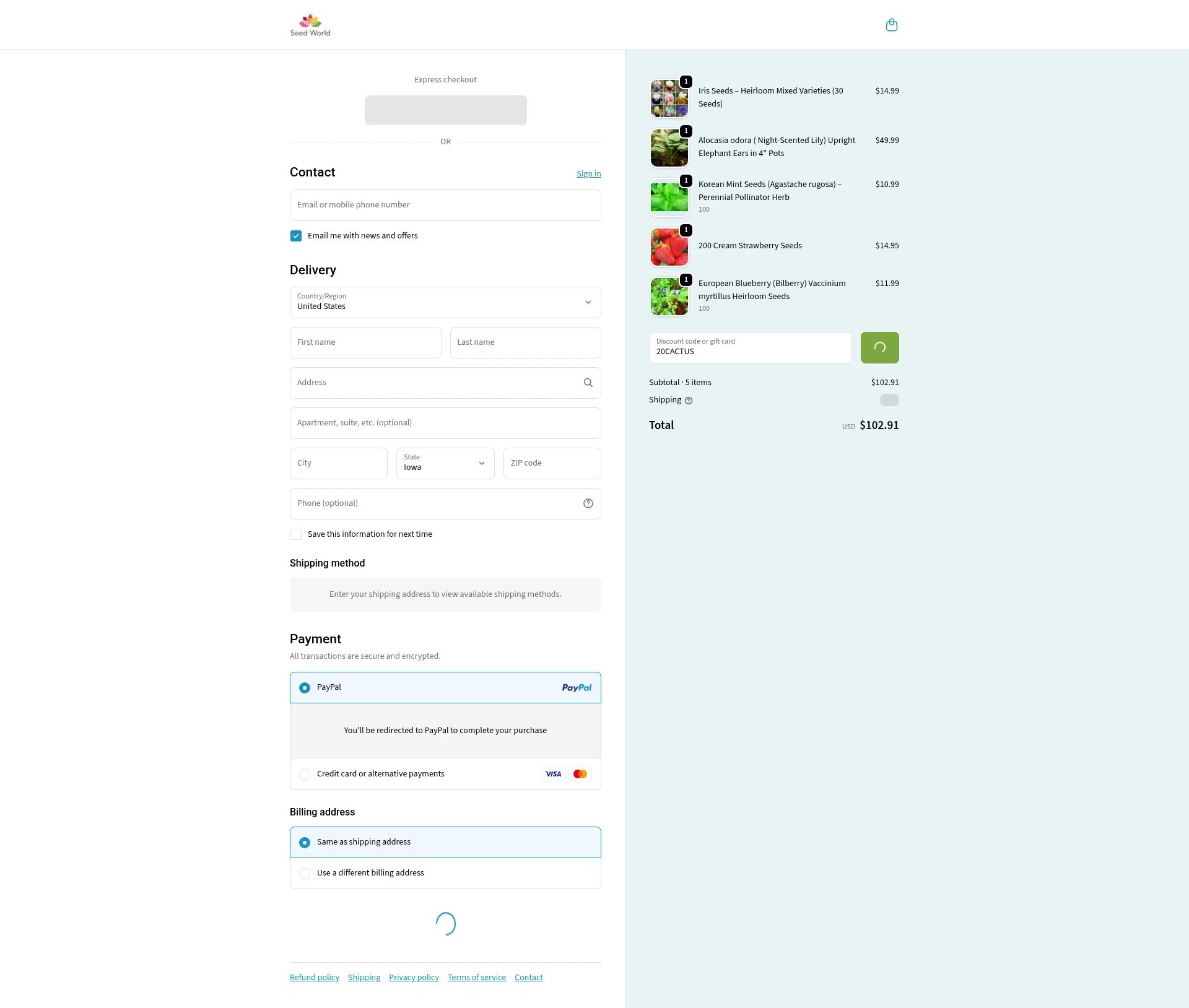 SeedWorld checkout page showing SeedWorld discount code box | Screenshot taken by SimplyCodes community member on Feb 7, 2026