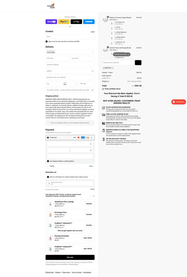 Seeking Health checkout page showing Seeking Health promo code box | Screenshot taken by SimplyCodes community member on Aug 25, 2025