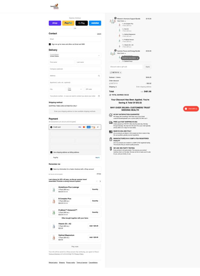 Seeking Health checkout page showing Seeking Health promo code box | Screenshot taken by SimplyCodes community member on Aug 29, 2025