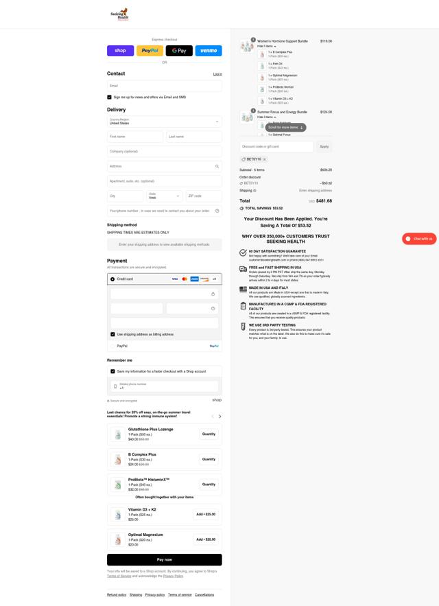 Seeking Health checkout page showing Seeking Health promo code box | Screenshot taken by SimplyCodes community member on Sep 3, 2025